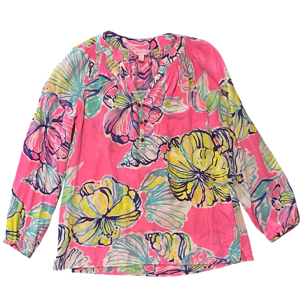 Lilly Pulitzer Elsa Top Womens Small Pink Silk Floral Seashell Smocked Blouse